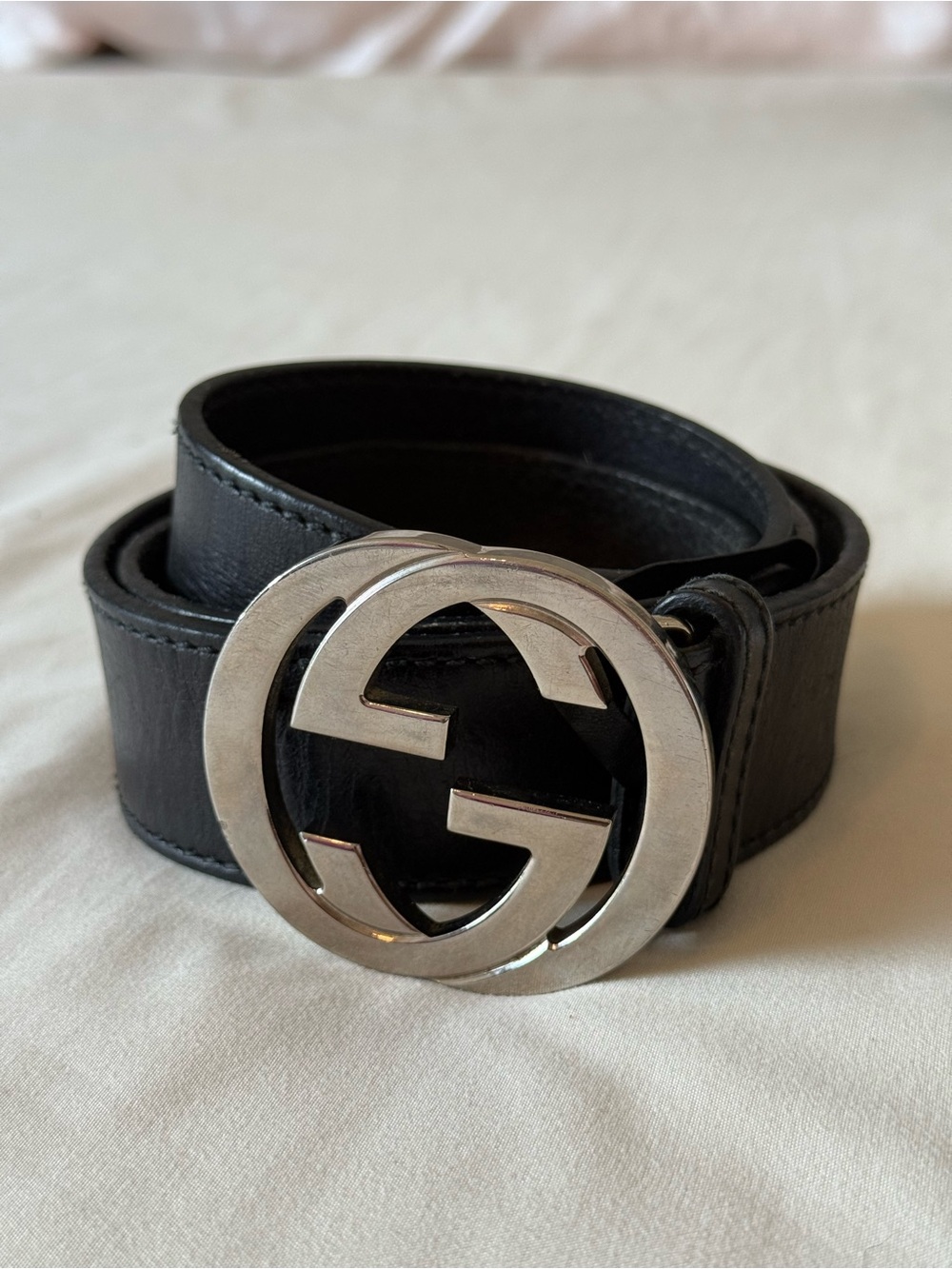 GUCCI | Vintage Mens Black Leather GG Silver-Tone Buckle |